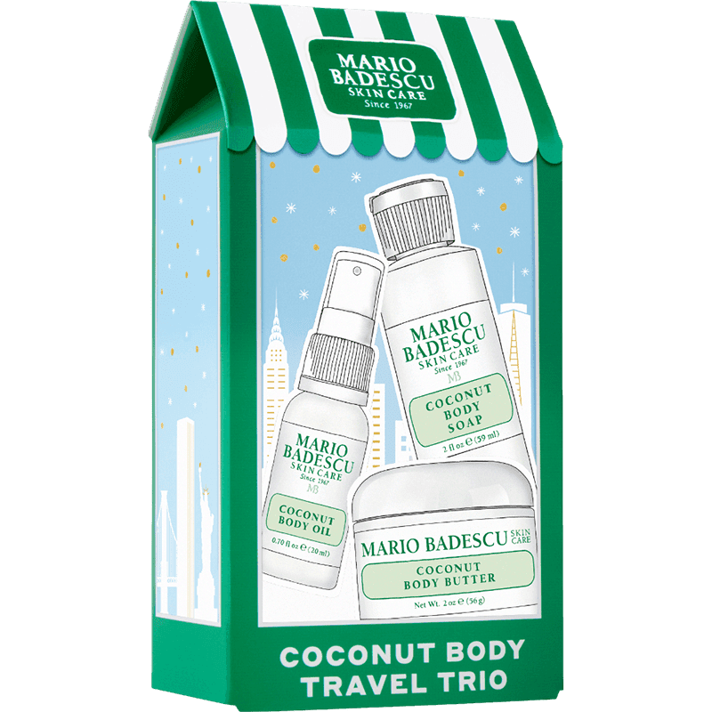 Mario Badescu Bayram səyahət üçlüyü, kokslu bədəni 2024 dəsti: Duş geli 59 ml + bədən yağı 56 q + bədən yağı 20 ml