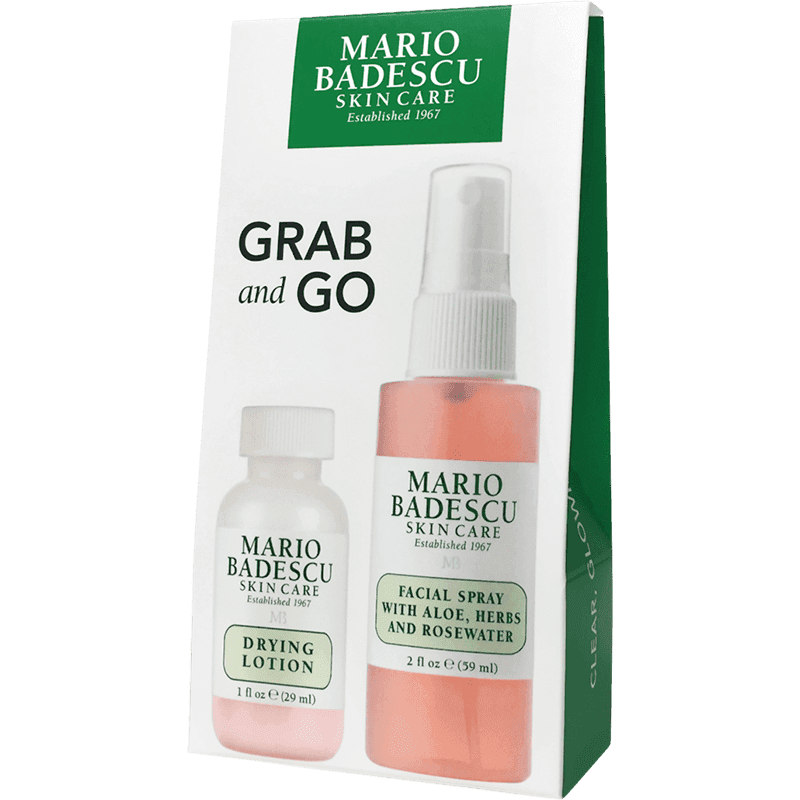 Mario Badescu Grab & Go dəsti: Akne qarşı nöqtəli losyon 29 ml + üz üçün gül aromalı sprey 59 ml